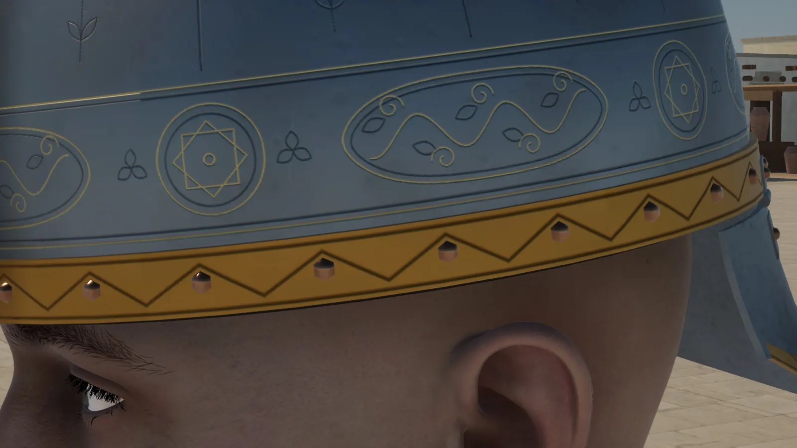 An engraved helmet band. Development capture.
